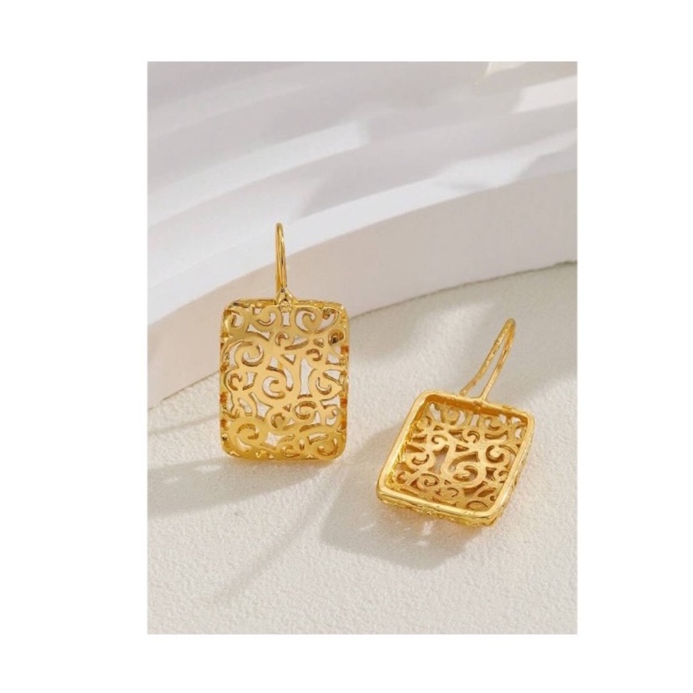 14k Gold Plated Celtic Filigree Rectangle Drop Earrings - Picture 6 of 12